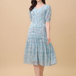 Vidraa Western Store Blue Floral Georgette Drop-Waist Midi Dress-image-99