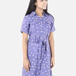 StyleStone Girls Lavender & White Polka Dot Printed Belted Crepe Shirt Dress-picture-54