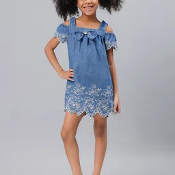 One Friday Floral Embroidered Cold-Shoulder Pure Cotton A-Line Dress-image-99