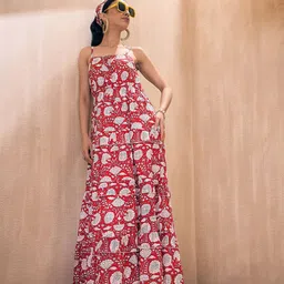Pink Paprika by SASSAFRAS Floral Print Cotton Fit and Flare Maxi Dress-image-79
