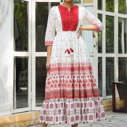 Juniper Women Maroon & White Printed Embroidered Tiered Maxi Dress-picture-15