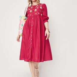 max Floral Embroidered Gathered Puff Sleeve A-Line Midi Dress-image-19