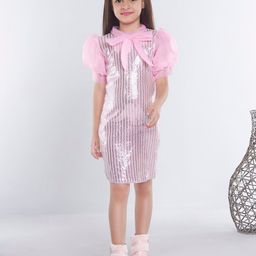 Ministitch Girls Striped Embellished Puff Sleeve Georgette Sheath Dress-picture-27