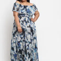 sindrellastorie Plus Size Blue & White Off-Shoulder Georgette Maxi Dress-picture-22