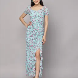 aayu Floral Printed V-Neck Puff Sleeves Ruffles Detailed Ruched Maxi Dress-image-14