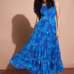 DressBerry Floral Printed Tiered Shoulder Strap Fit & Flare Maxi Dress-image-9