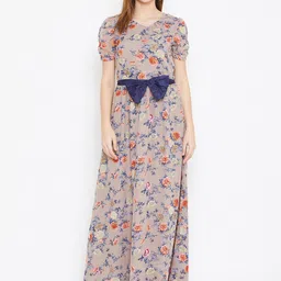 La Zoire Coffee Brown & Blue Floral Georgette Maxi Dress-image-98