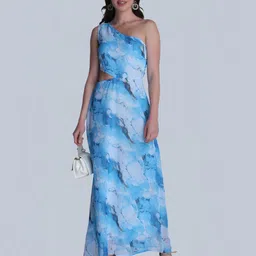 Orchid Blues Abstract Printed One Shoulder Cut Out A-Line Dress-picture-0