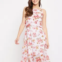 Color Cocktail Women White Floral Layered Georgette Midi Dress-image-80