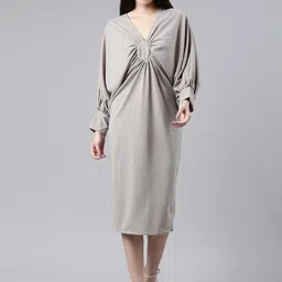 SHOWOFF Cuffed Sleeves Gathered Details Sheath Dress-image-22