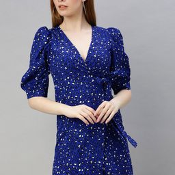 Sera Blue & Black Animal Printed Puff Sleeve Crepe Dress-image-47