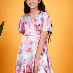 pspeaches Girls Abstract Printed V-Neck Flared Sleeves Tie-Up Satin Fit & Flare Dress-11