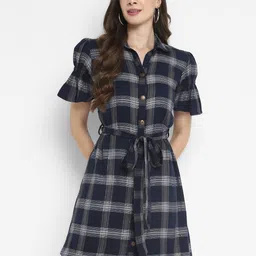 Taurus Checked Puff Sleeves Cotton Shirt Dress With Belt-image-1