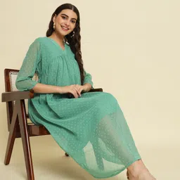 VredeVogel Self Design V-Neck Midi Empire Dress-image-63