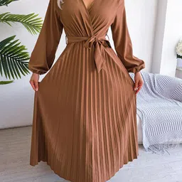 StyleCast Brown V-Neck Pleated Chiffon Maxi Dress-image-55