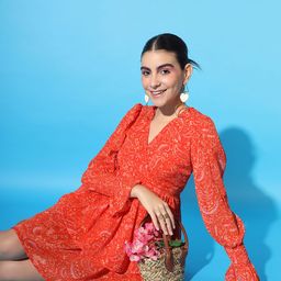 SCORPIUS Ethnic Motifs V-neck long Puff Sleeve Chiffon Maxi Dress-image-10