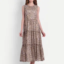 MINGLAY Brown & Cream-Coloured Ethnic Motifs Chiffon Maxi Dress-image-30