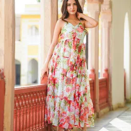 Ambraee Floral Print Layered Chiffon Maxi Dress-image-81
