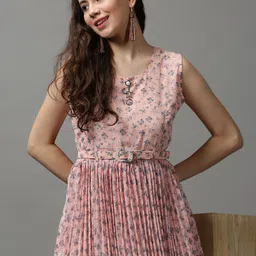 SHOWOFF Women Peach-Coloured Floral Chiffon Midi Dress-image-27