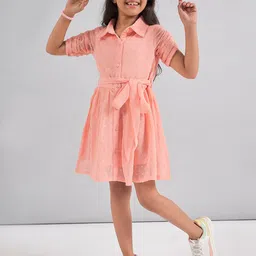 Stylo Bug Girls Self Design Shirt Collar Belted Chiffon Ruched Shirt Dress-42