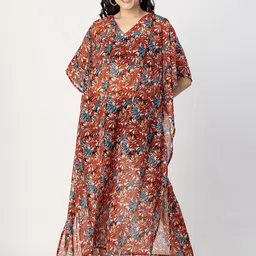 Moomaya Floral Print Kimono Sleeve Georgette Kaftan Maxi Dress-image-53