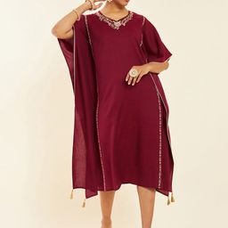 Soch Maroon Floral Embroidered Extended Sleeves Kaftan Midi Ethnic Dress-image-33