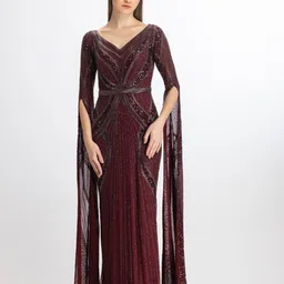 BHAWNA RAO Embellished V-Neck Flared Sleeves Net Maxi Dress-image-2