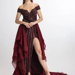 BHAWNA RAO Embellished Off-Shoulder Pleated Net Maxi Dress-image-52