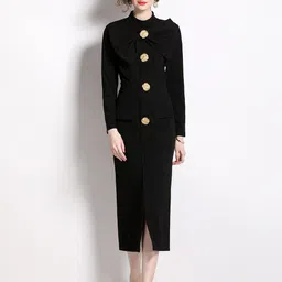 JC Collection Choker Neck Long Sleeves Bow Detailed Midi Blazer Dress-image-73