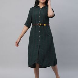 AURELIA Checked Shirt Collar Roll-Up Sleeve Belted Shirt Midi Dress-image-29