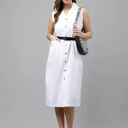 Hancock Lapel Collar Sleeveless Pure Cotton Pleated Shirt Midi Dress-54