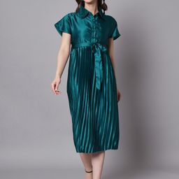 The Dry State Shirt Collar Accordion Pleats Tie Up Satin Shirt Midi Dress-picture-43