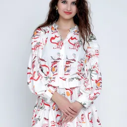 HAUTEQUE Silvia Abstract Print Mandarin Collar Ruffled Shirt Mini Dress-16