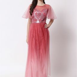 VAANI CREATION Pink Embellished Net Flutter Sleeves Maxi Dress image 1