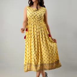 KIMAYRA Yellow Floral Ethnic Midi Dress-image-42
