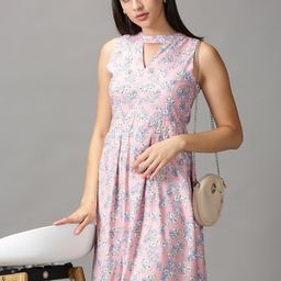 SHOWOFF Pink Floral Keyhole Neck Dress-picture-20