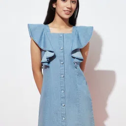 SPUNKIES Square Neck Flutter Sleeve Cotton A-Line Dress-image-4