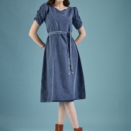 DressBerry Blue Puff Sleeve V-Neck Denim A-Line Dress-image-21