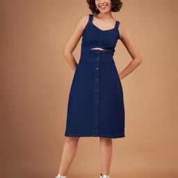 SASSAFRAS Navy Blue Cut-Out Detailed Denim A-Line Dress-image-72