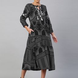 Chemistry Navy Blue Graphic Printed Rayon Tiered Dress With Contrast Embroidery-image-78