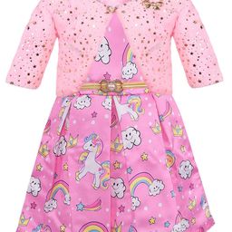 Wish Karo Girls Graphic Printed Round Neck Gathered Silk A-Line Dress With Jacket-image-31