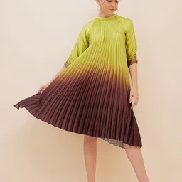 Antheaa Tie and Dye Accordion Pleats Satin A-Line Dress-image-33