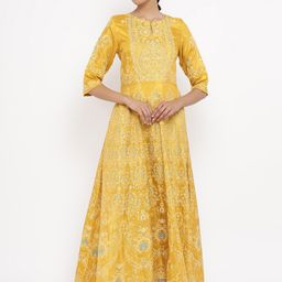 W Women Yellow Floral Printed Keyhole Neck Maxi Dress-image-42