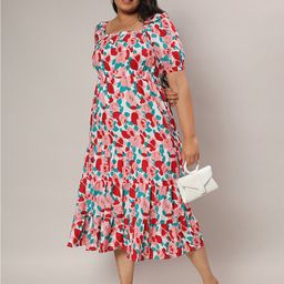 Instafab Plus Floral Printed Square Neck Puff Sleeves A-Line Dress-image-83