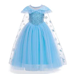 StyleCast Girls Blue Embellished Cape Sleeves Gathered Cotton Gown Maxi Dress-picture-10