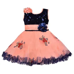 Wish Karo Girl's Peach-Coloured & Navy Blue Embellished Net Dress-image-3