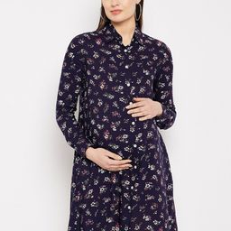 Hypernation Floral Printed Shirt Collar Cuffed Sleeves Maternity Shirt Dress-35