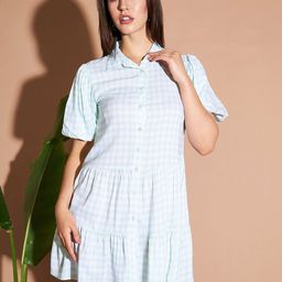 Marie Claire Green & White Checked Puff Sleeves Cotton Shirt Dress-image-20
