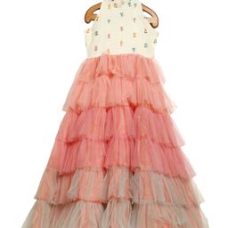 Ethnovog Girls Peach-Coloured  White Floral Embroidered Halter Neck Net Maxi Dress-2