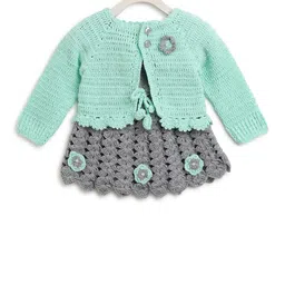 CHUTPUT Girls Grey & Sea Green Self Design Pure Wool Jumper Dress-12
